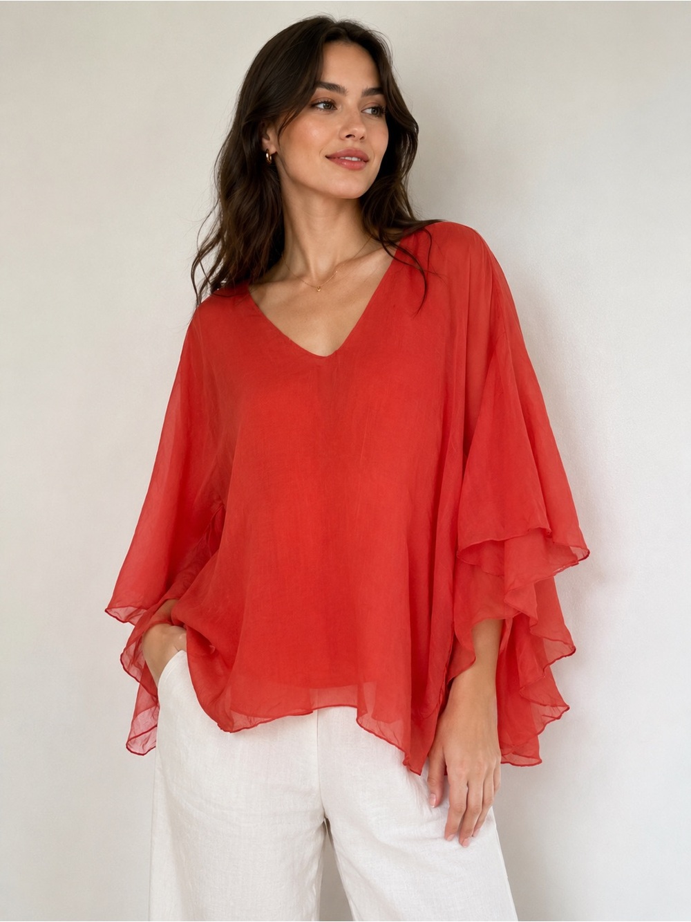 Women’s 100% Silk  Red Chiffon V-Neck Flutter-Sleeve Blouse